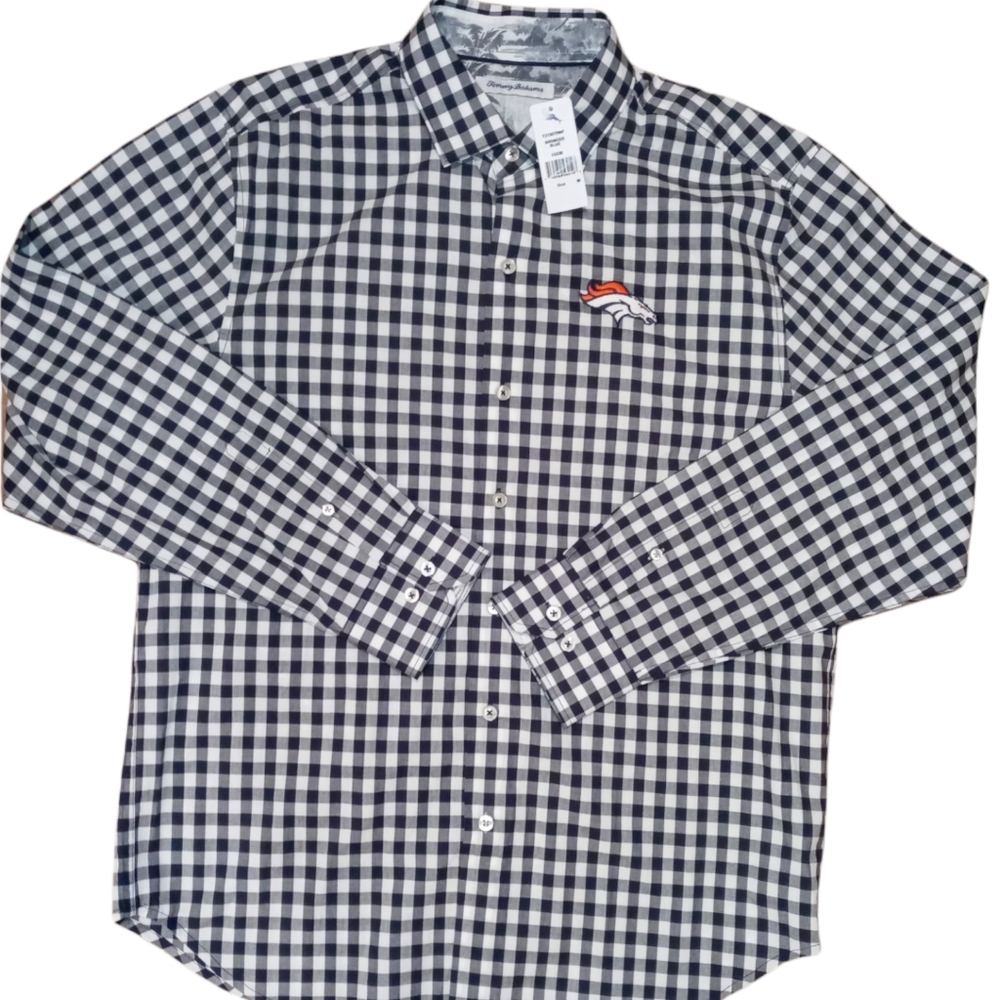 NWT Mens Tommy Bahama Navy Denver Broncos Check Woven ButtonUp Long-sleeve Shirt
